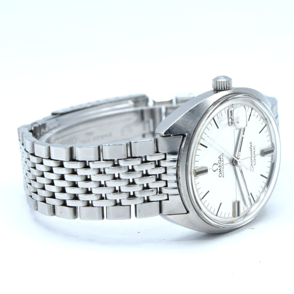 1968 Omega Seamaster Cosmic Date Model 166.023 Cross-Hair Dial Steel Monocoque Case on flat BOR