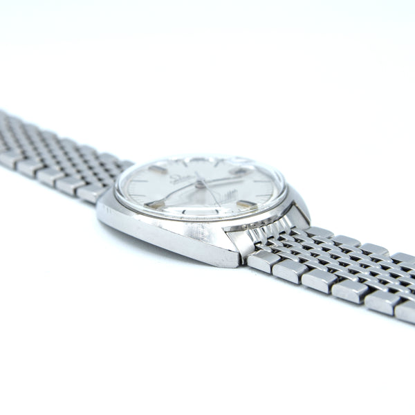 1968 Omega Seamaster Cosmic Date Model 166.023 Cross-Hair Dial Steel Monocoque Case on flat BOR