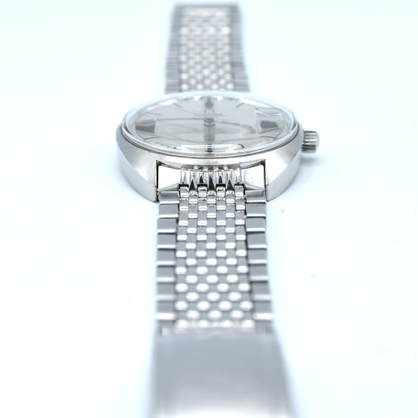 1968 Omega Seamaster Cosmic Date Model 166.023 Cross-Hair Dial Steel Monocoque Case on flat BOR