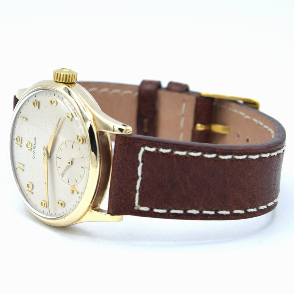1952 Omega Classic Manual Wind Dress Watch in 9ct Gold Model 13322 with All Arabic Numerals and Sub Seconds