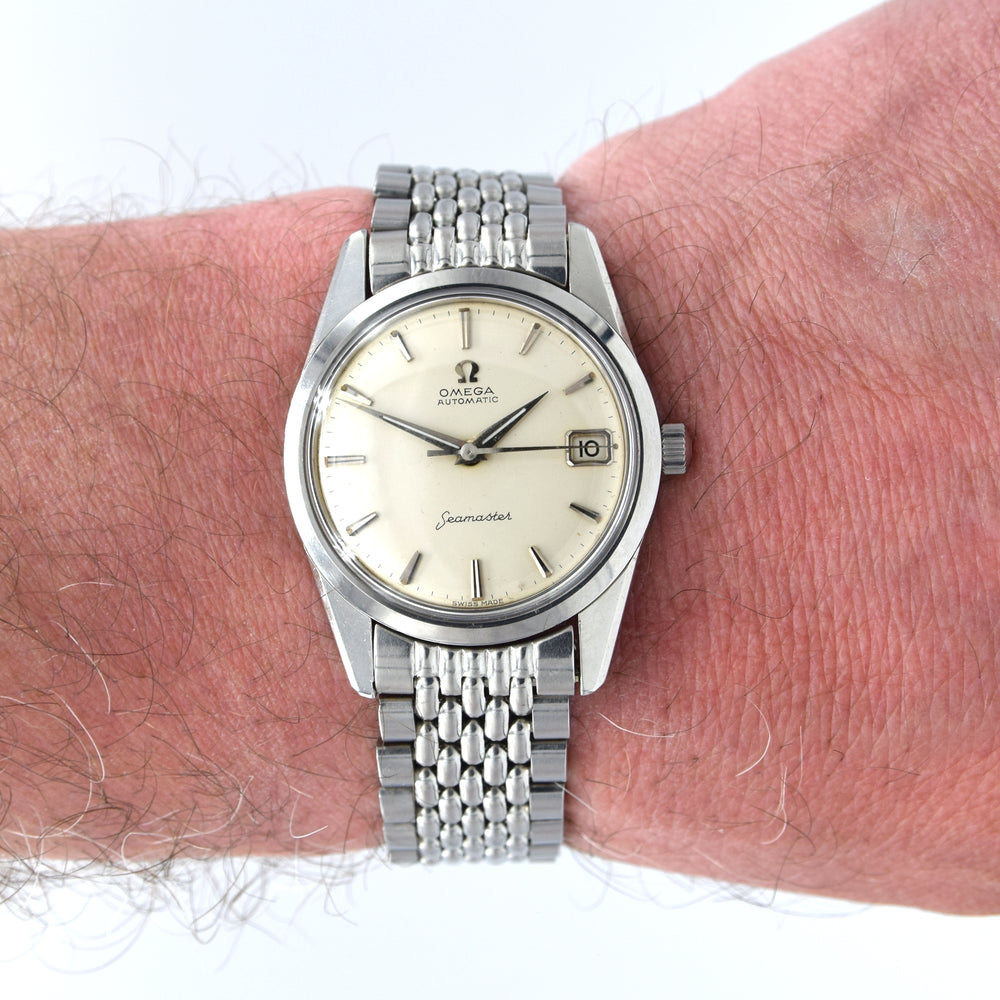 1959 Omega Seamaster Automatic Date Wristwatch Model 14710 with Original Off-White Dial in Stainless Steel + Box