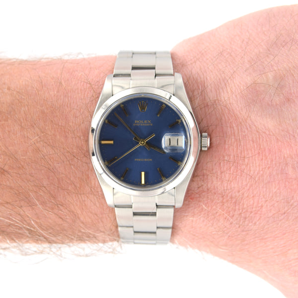 1981 Rolex Oyster Date Precision Classic Model 6694 with Stunning Blue satin Dial and gold Markers in Stainless Steel