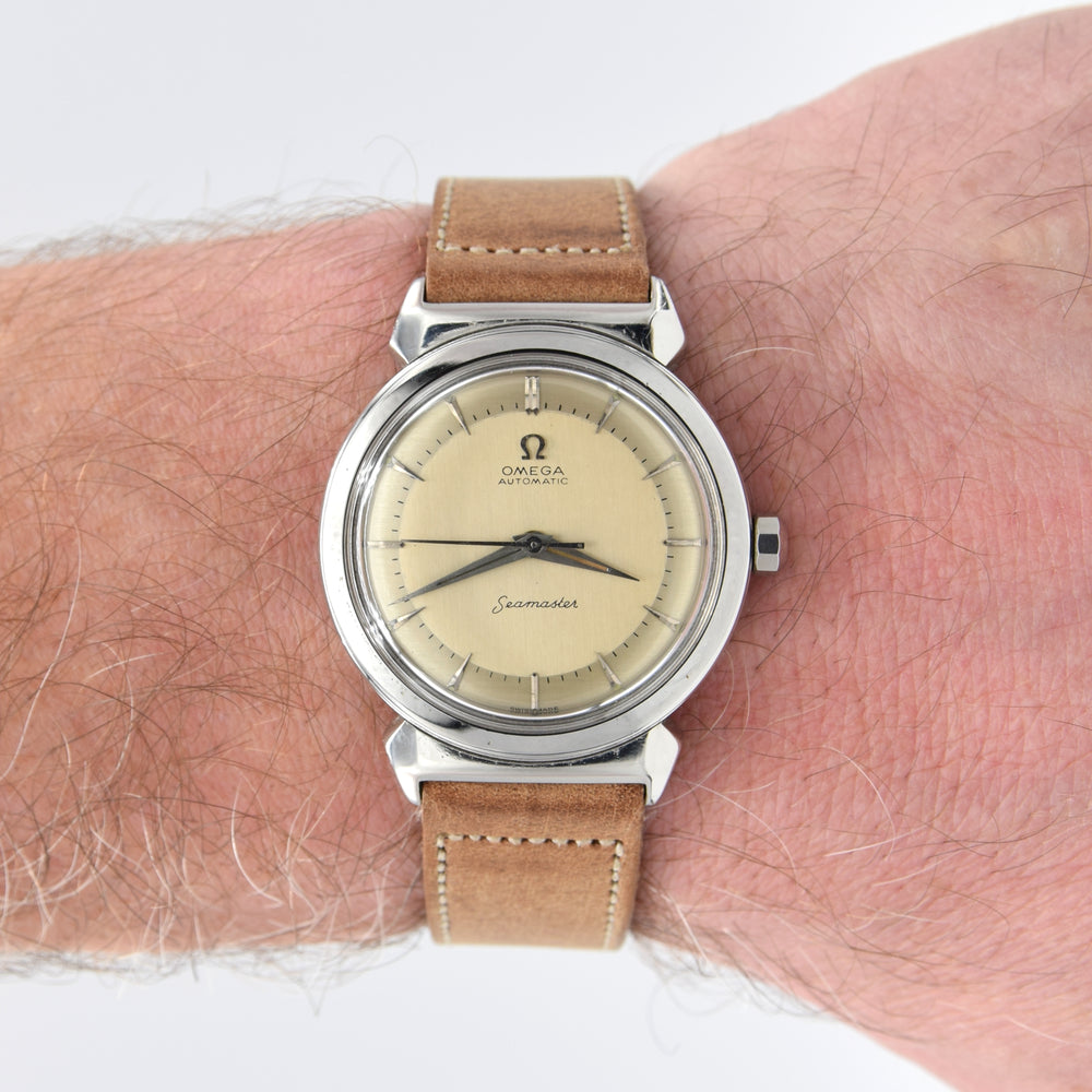 1950 Fully Restored Rare Omega Seamaster Automatic Bumper with Silver Dial and Rare Hooded Lugs in Stainless Steel Model 14350-1