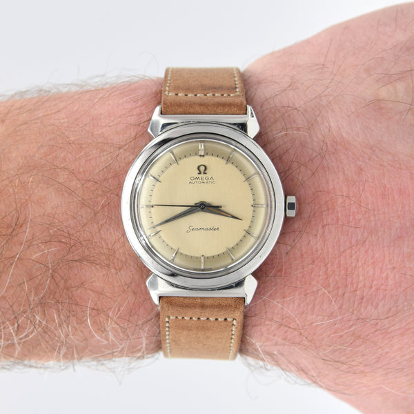 1950 Fully Restored Rare Omega Seamaster Automatic Bumper with Silver Dial and Rare Hooded Lugs in Stainless Steel Model 14350-1