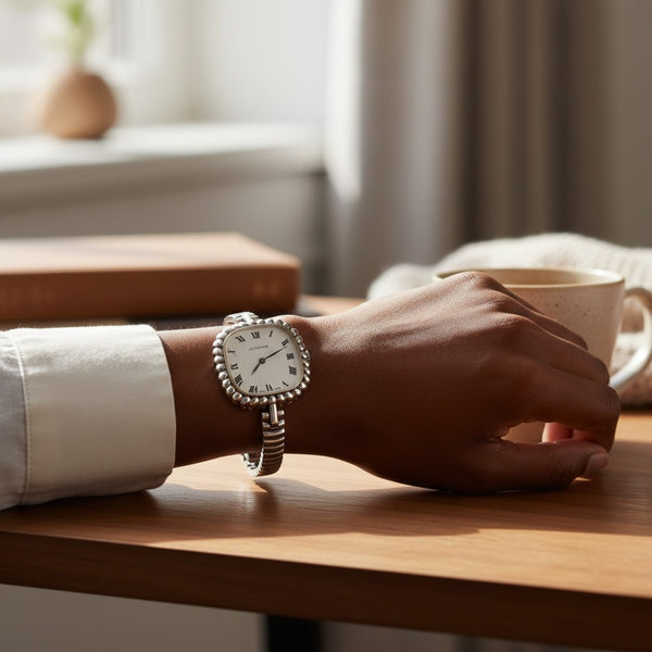 1970s New Old Stock Juvenia Ladies Solid Silver Bangle Watch – Bold Cushion Shape – Mechanical – Unused