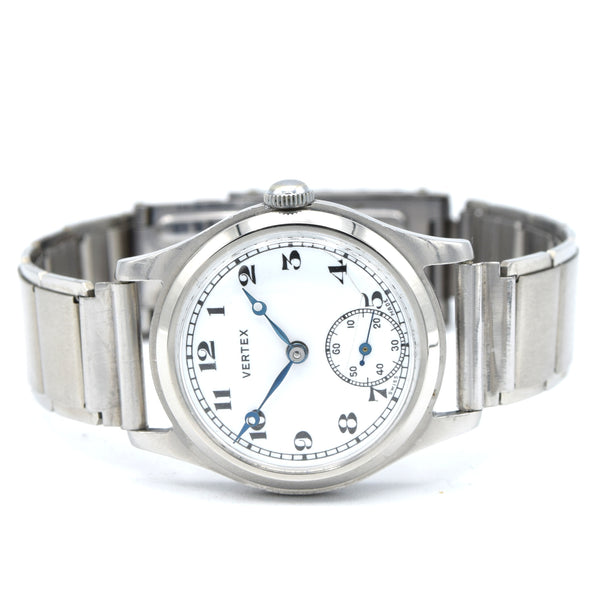 1930s Vertex of London unusual Wristwatch with white enamelled dial in steel English Made Case