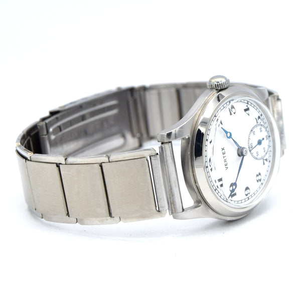 1930s Vertex of London unusual Wristwatch with white enamelled dial in steel English Made Case