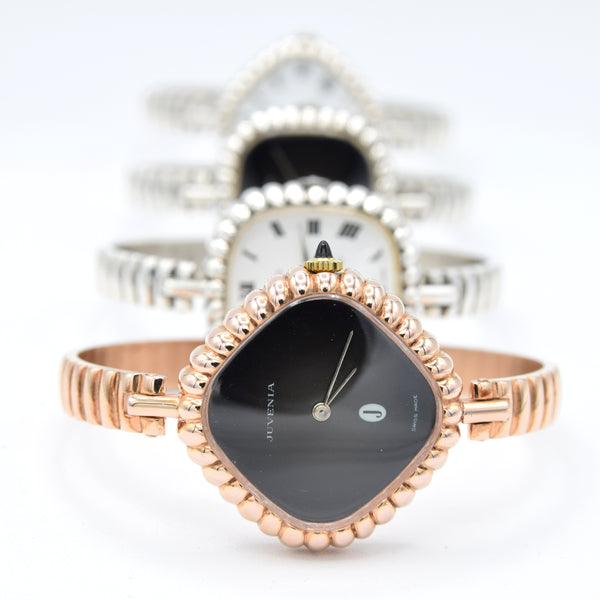 1970s New Old Stock Juvenia Ladies Solid Silver Bangle Watch – Bold Cushion Shape – Pink Gold Plated – Unused