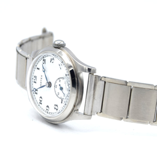 1930s Vertex of London unusual Wristwatch with white enamelled dial in steel English Made Case