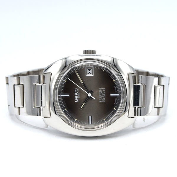 1970s Lanco Date automatic fumé dial unused watch Stainless Steel on Bracelet new old stock