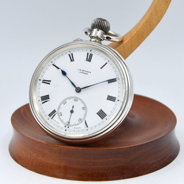 1908 Jw Benson retailed solid sterling silver open faced topwind pocketwatch by longines
