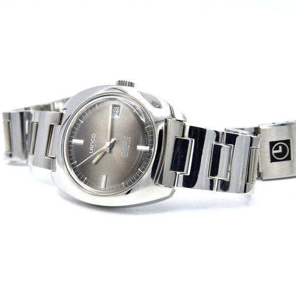 1970s Lanco Date automatic fumé dial unused watch Stainless Steel on Bracelet new old stock