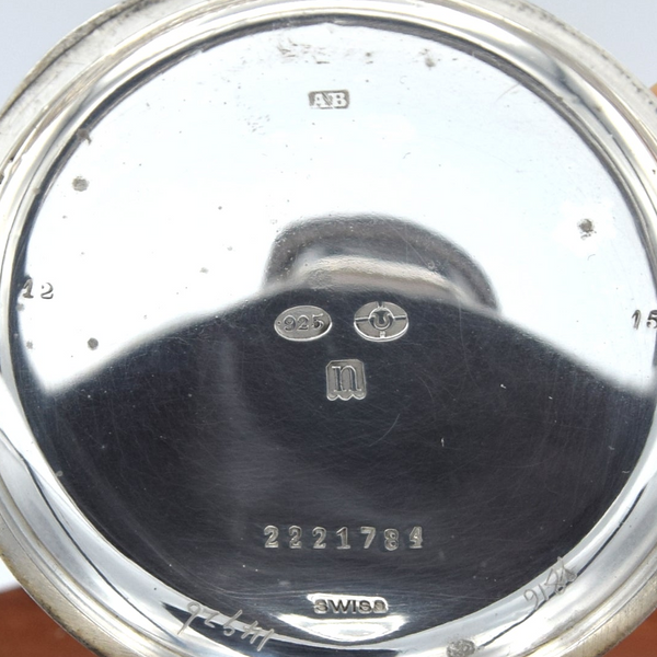 1908 Jw Benson retailed solid sterling silver open faced topwind pocketwatch by longines