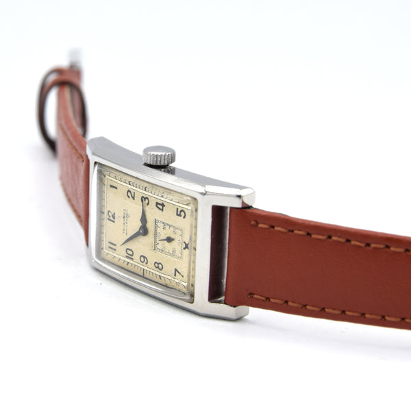 1940 Cyma Tavannes waterspoot Rectangular Early Waterproof Patent Deco Wristwatch with Arabic Dial in steel