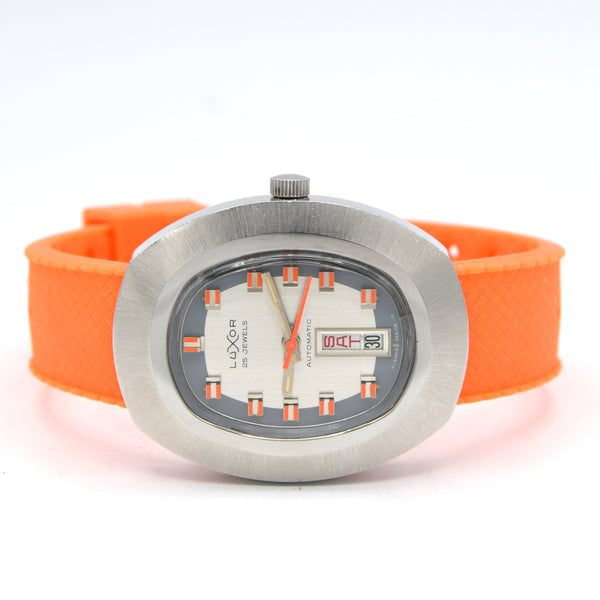 1970s luxor Day Date auto watch - TV Case - Automatic Day-Date Swiss ETA, Orange retro Racing Dial