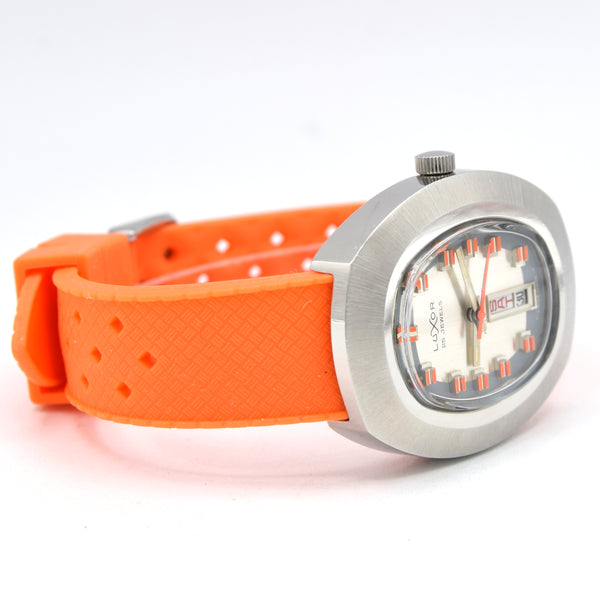 1970s luxor Day Date auto watch - TV Case - Automatic Day-Date Swiss ETA, Orange retro Racing Dial