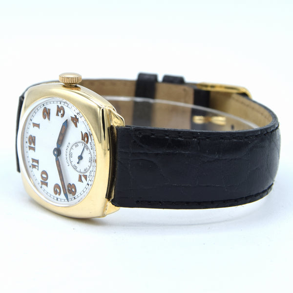 1941 Classic Military style Longines solid 9ct gold cushion Watch with rare Enamel Dial and Arabic Numerals