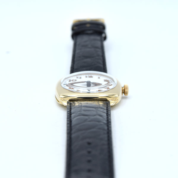 1941 Classic Military style Longines solid 9ct gold cushion Watch with rare Enamel Dial and Arabic Numerals
