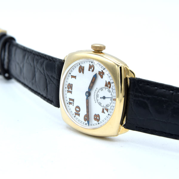 1941 Classic Military style Longines solid 9ct gold cushion Watch with rare Enamel Dial and Arabic Numerals