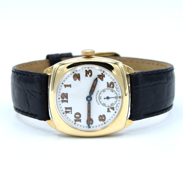 1941 Classic Military style Longines solid 9ct gold cushion Watch with rare Enamel Dial and Arabic Numerals