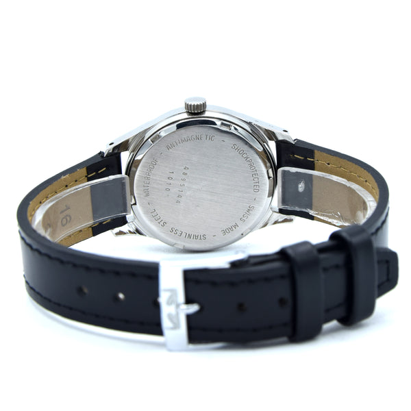 1960s Technos Mid-Size Steel Manual Wind On Leather Strap With Original Signed Buckle – Silver Sunburst Dial