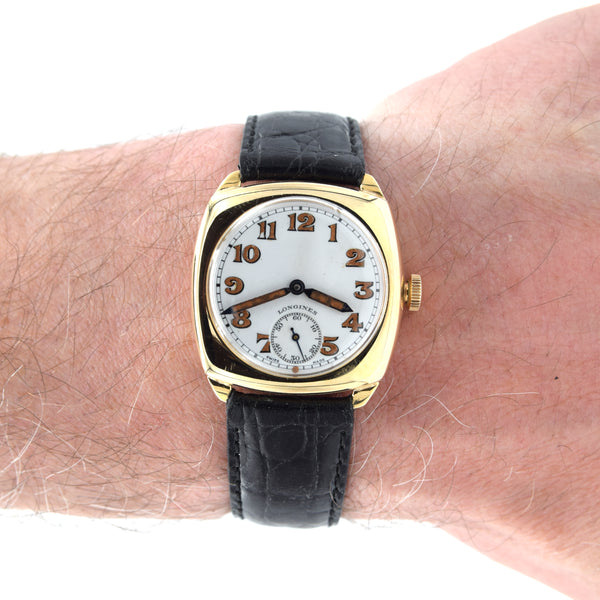1941 Classic Military style Longines solid 9ct gold cushion Watch with rare Enamel Dial and Arabic Numerals