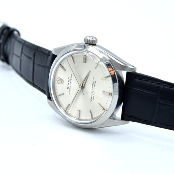 1963 Rolex Oyster Perpetual chronometer certified Model 1002 with satin silvered Dial in Stainless Steel