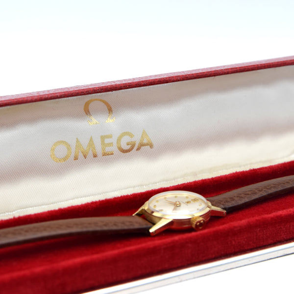 1954 Omega Petite & classic ladies dress watch in solid 18ct Gold with Omega box + buckle