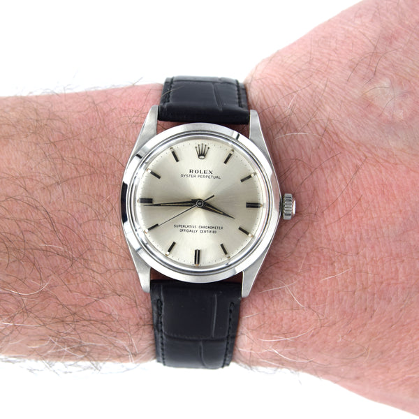 1963 Rolex Oyster Perpetual chronometer certified Model 1002 with satin silvered Dial in Stainless Steel