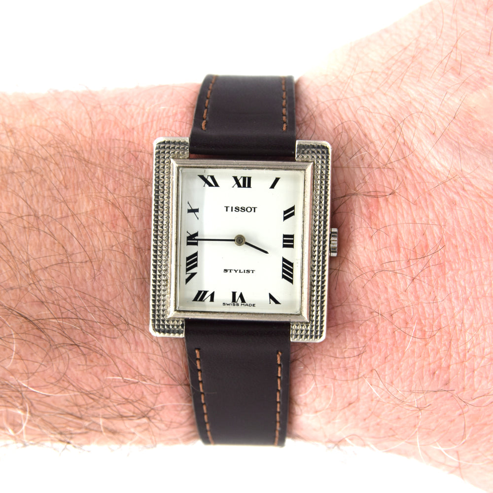 1967 Tissot Stylist Tank Swiss Hand-Wound Mechanical Watch – Roman Dial, Hobnail Case, Box & Signed Buckle