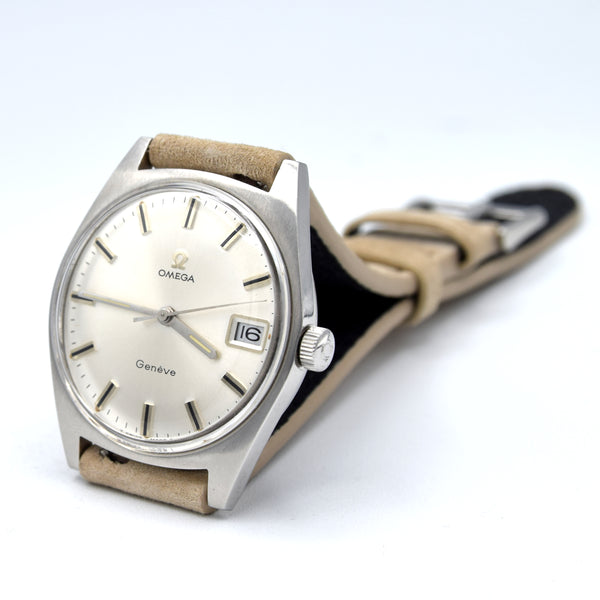 1969 Omega Geneve Date Model 136.041 Manual Wind with onyx style markers sharp & sleek