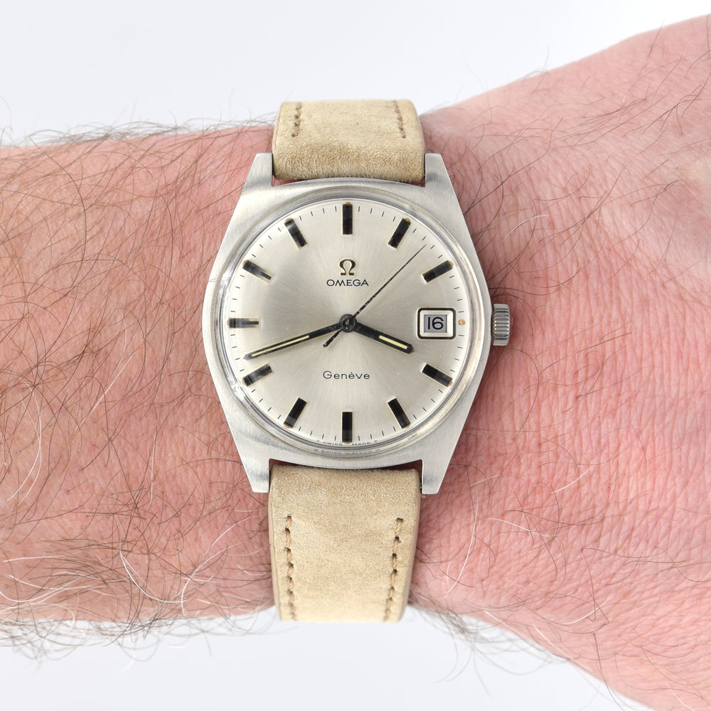 1969 Omega Geneve Date Model 136.041 Manual Wind with onyx style markers sharp & sleek