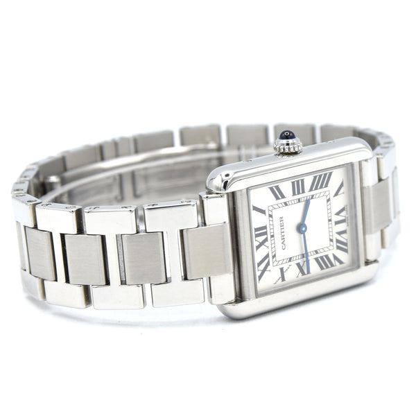 2010 Cartier Tank Solo 3170 Stainless Steel Quartz unisex Watch on Bracelet – White Roman Dial, Blue Hands, Cabochon Crown
