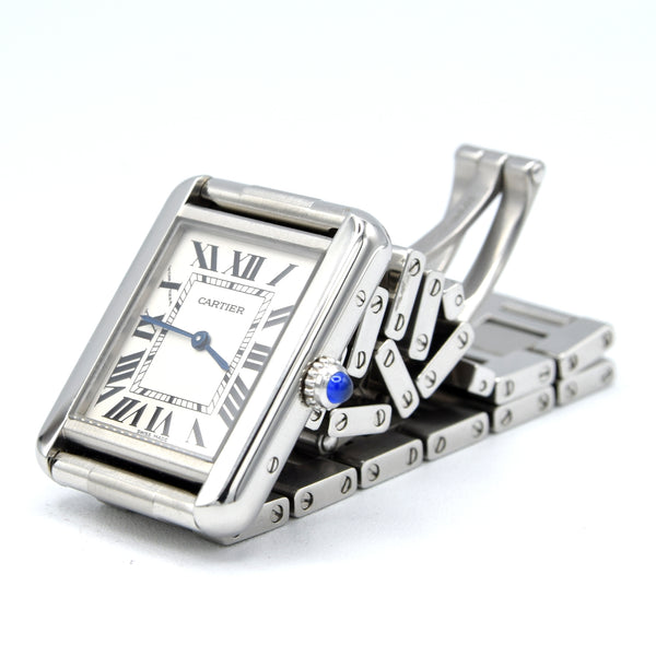2010 Cartier Tank Solo 3170 Stainless Steel Quartz unisex Watch on Bracelet – White Roman Dial, Blue Hands, Cabochon Crown