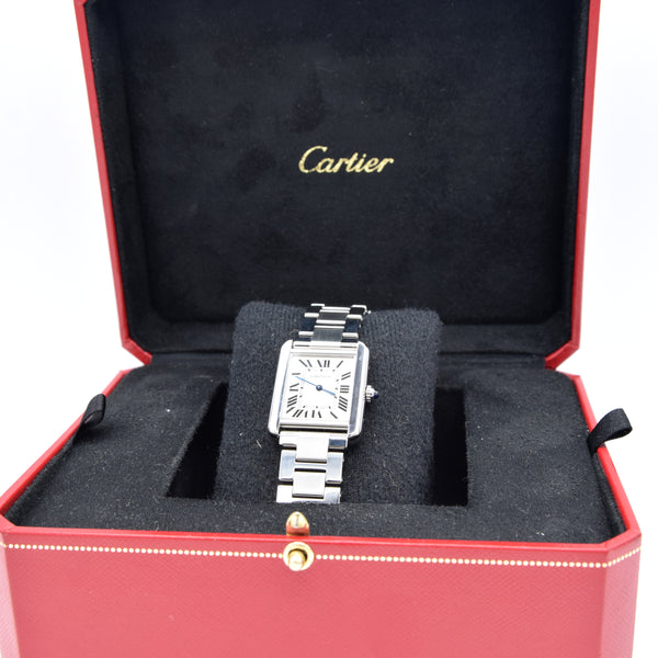 2010 Cartier Tank Solo 3170 Stainless Steel Quartz unisex Watch on Bracelet – White Roman Dial, Blue Hands, Cabochon Crown