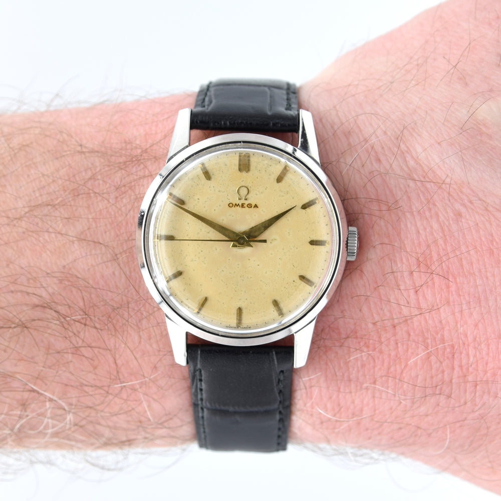1952 Omega Ref. 2496 Steel Manual Wind Watch – Cal. 283 – Original Eggshell Patina Dial, Facet Lugs & Signed Crown