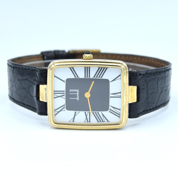 1980 Alfred Dunhill Sterling Silver (925) Gilt Rectangular Swiss Quartz Wristwatch – Roman Dial, Cabochon Crown, Hallmarked Buckle