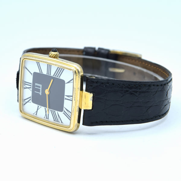 1980 Alfred Dunhill Sterling Silver (925) Gilt Rectangular Swiss Quartz Wristwatch – Roman Dial, Cabochon Crown, Hallmarked Buckle