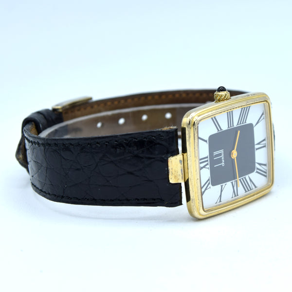 1980 Alfred Dunhill Sterling Silver (925) Gilt Rectangular Swiss Quartz Wristwatch – Roman Dial, Cabochon Crown, Hallmarked Buckle