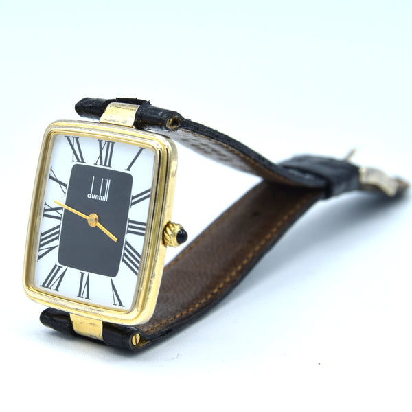 1980 Alfred Dunhill Sterling Silver (925) Gilt Rectangular Swiss Quartz Wristwatch – Roman Dial, Cabochon Crown, Hallmarked Buckle