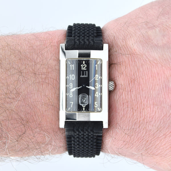 1990s Alfred Dunhill 'Facet' Dunhillion 8014 swiss quartz Date Wristwatch with black Arabic dial on Rubber