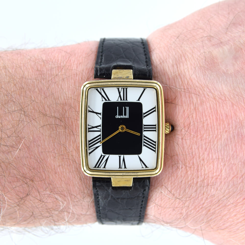 1980 Alfred Dunhill Sterling Silver (925) Gilt Rectangular Swiss Quartz Wristwatch – Roman Dial, Cabochon Crown, Hallmarked Buckle