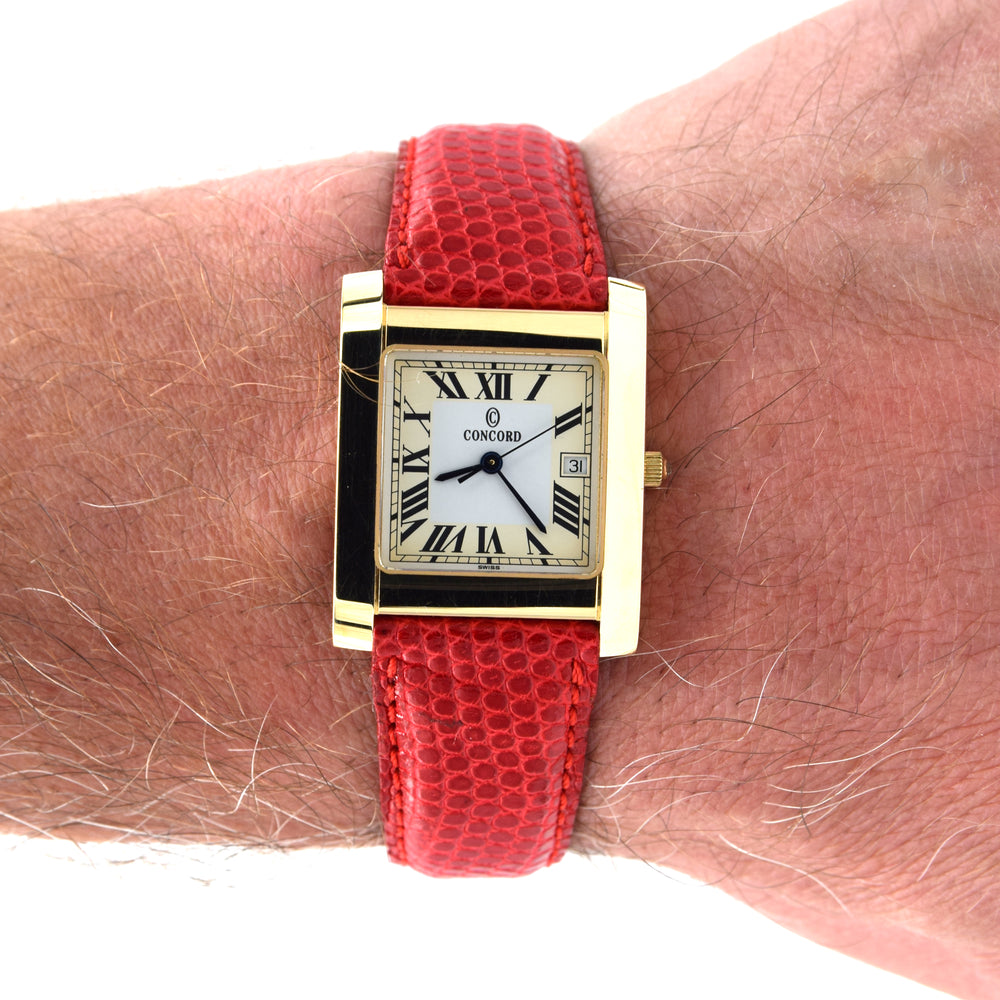 1990s Concord Tank Style Solid 14k Gold Swiss unisex Wristwatch – Unused Condition – Cartier Inspired Dress Watch