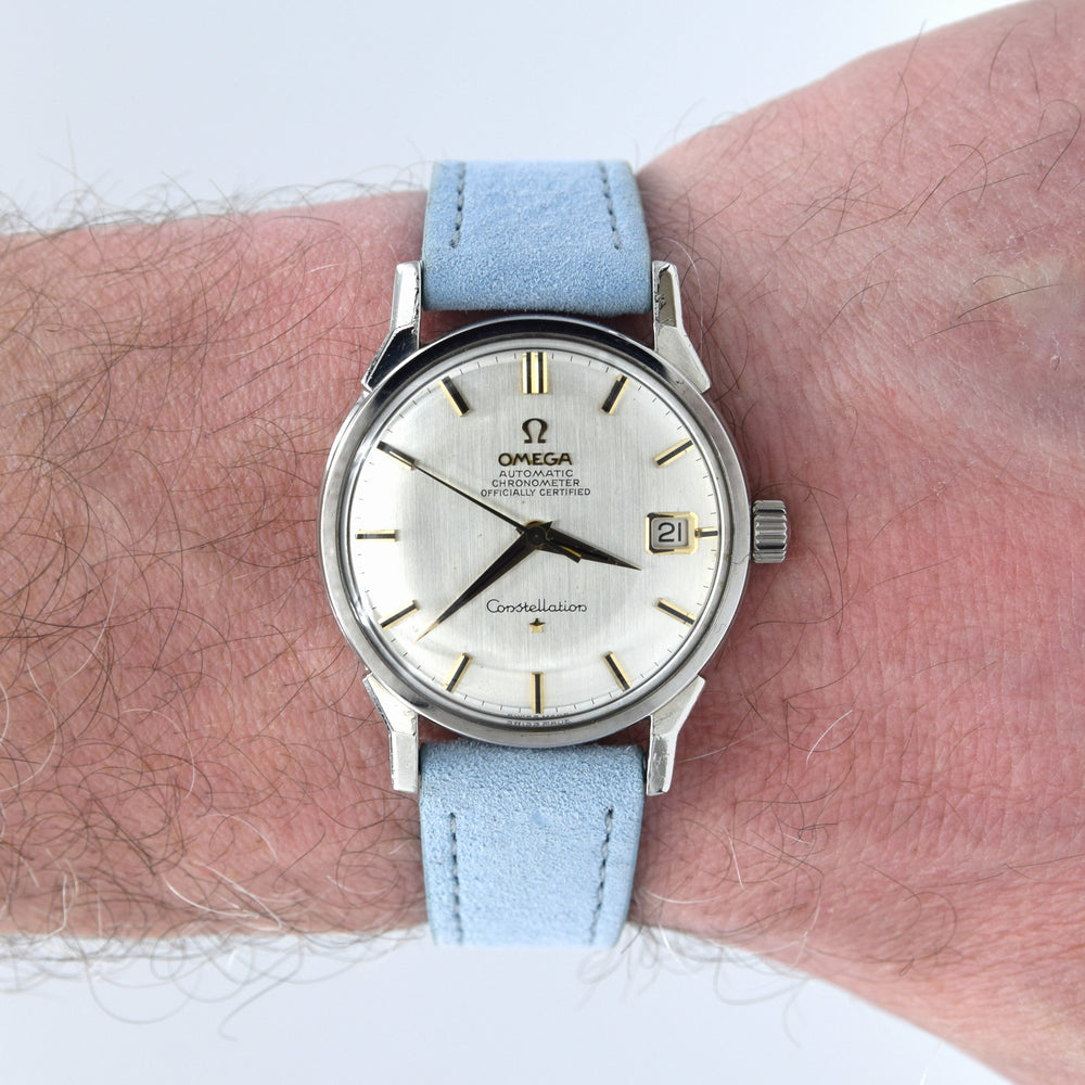 1963 Omega Sharp Constellation Date 168.005 Automatic Chronometer onyx batons - steel + Dog Leg Lugs