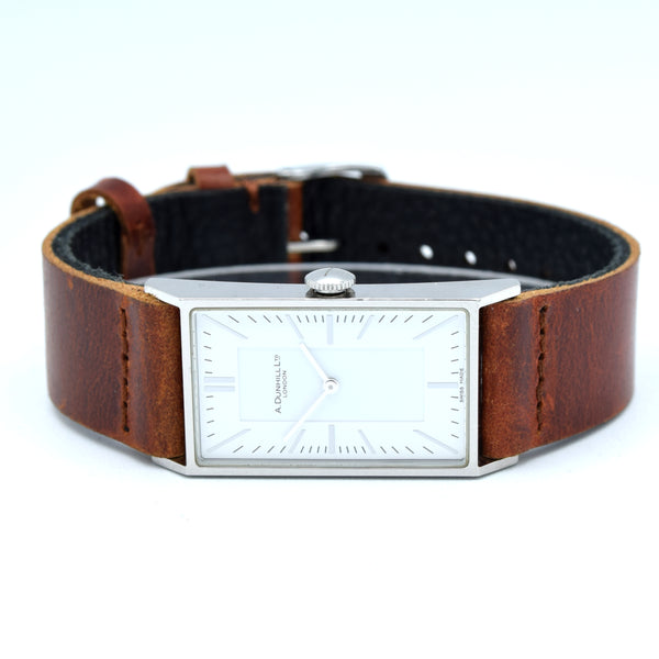 1990s Dunhill Wafer Ref. 8036 Stainless Steel Swiss Quartz Rectangular larger slim Dress Watch – White Dial on Leather Strap