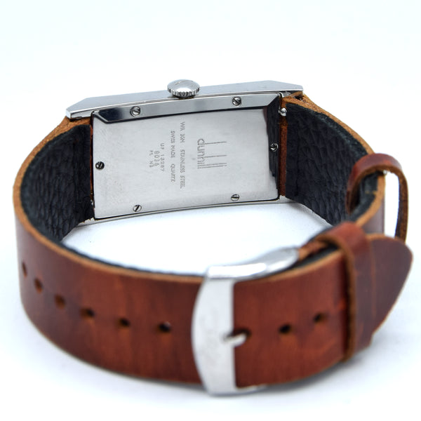 1990s Dunhill Wafer Ref. 8036 Stainless Steel Swiss Quartz Rectangular larger slim Dress Watch – White Dial on Leather Strap