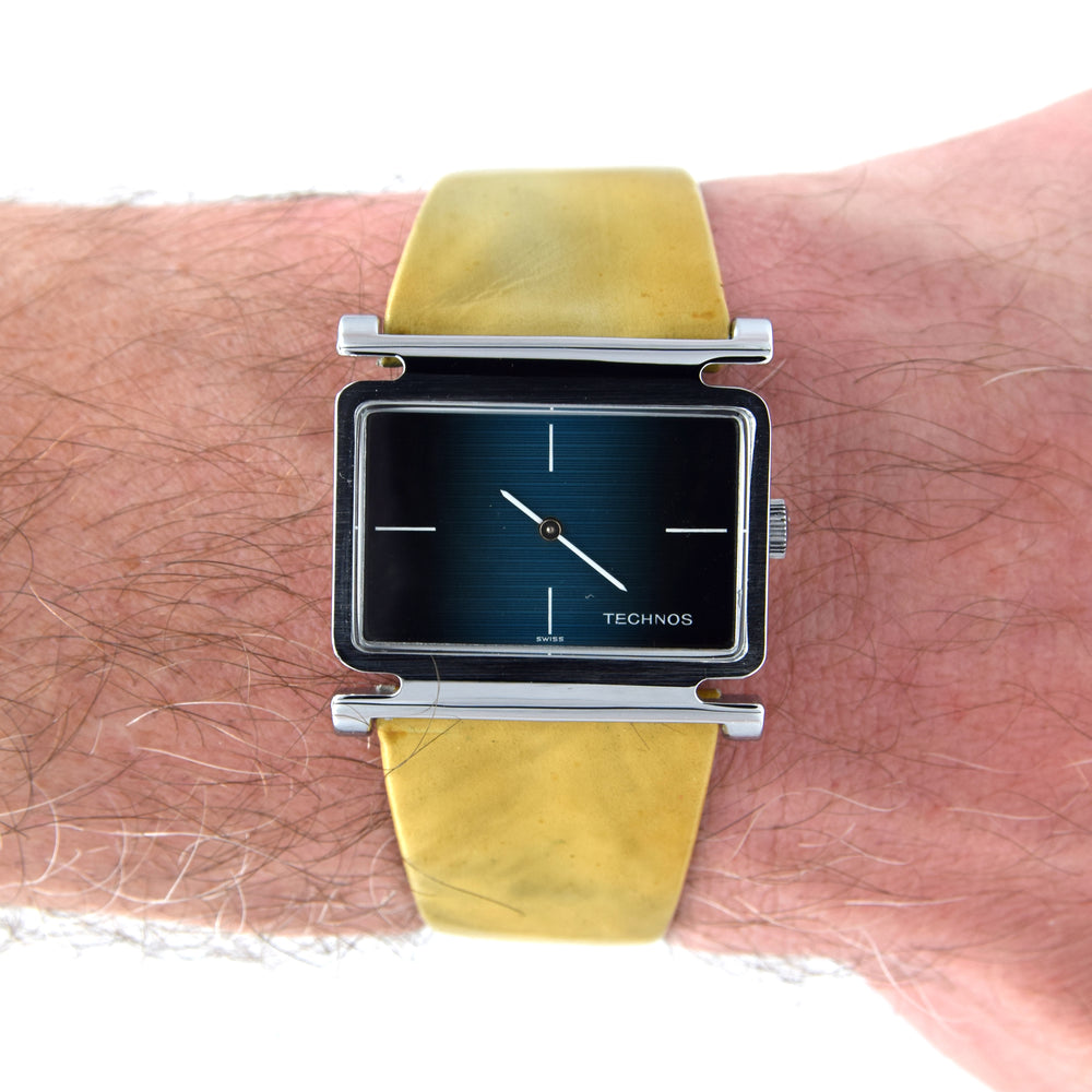 1970s Technos NOS unused Swiss Mechanical Wristwatch With Fumé Blue Dial, Box & Tags