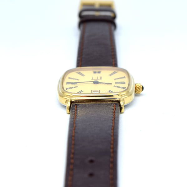 1980 Alfred Dunhill Guilloché / hobnail dial texture Gilt Rectangular Swiss Quartz Wristwatch – Roman Dial, Cabochon Crown