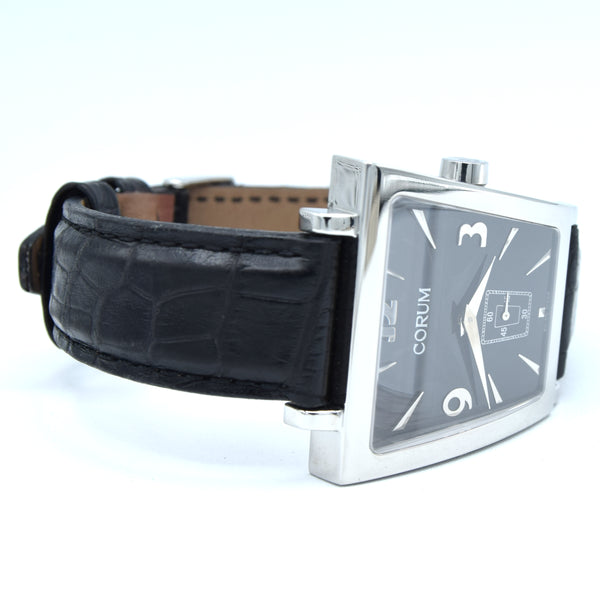 Corum Trapeze Gents ref. 106.404.20 stainless steel quartz watch, black dial, original strap & buckle