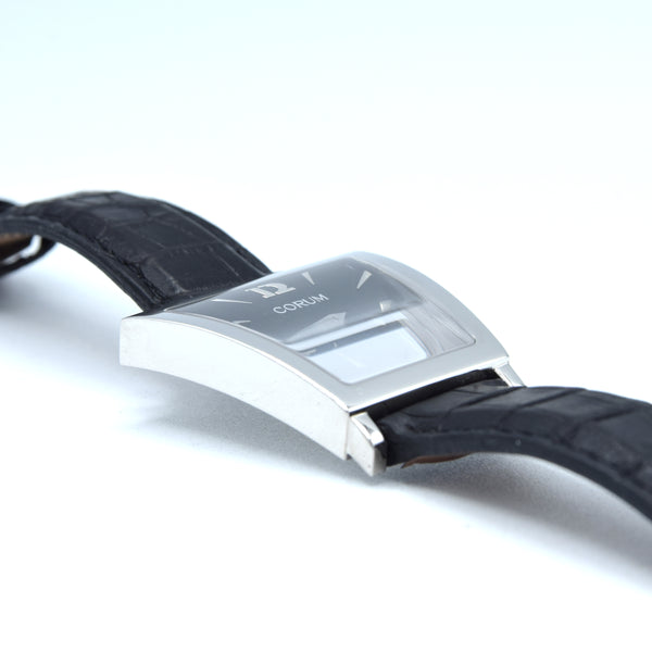 Corum Trapeze Gents ref. 106.404.20 stainless steel quartz watch, black dial, original strap & buckle
